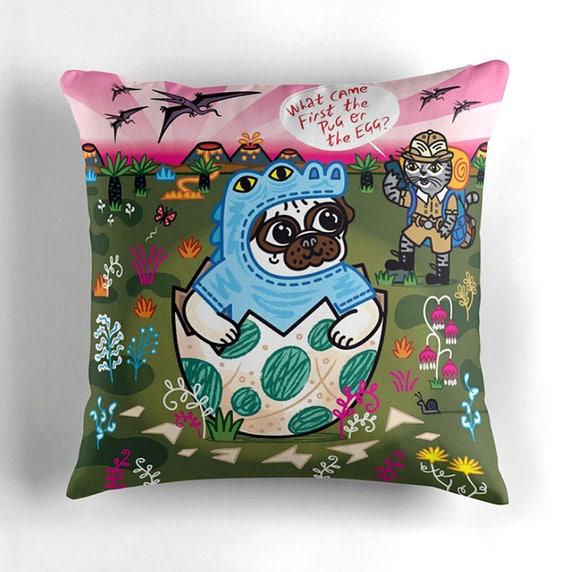 What Came First The Pug Or The Egg? - Children's Decor - Pug and Cat - Animal Cushion cover / Throw Pillow cover - (16" x 16")