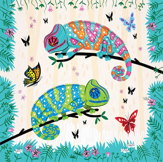 SEEING SPOTS - Chameleons and Butterflies - nature / wildlife - animal illustration - art print - iOTA iLLUSTRATiON