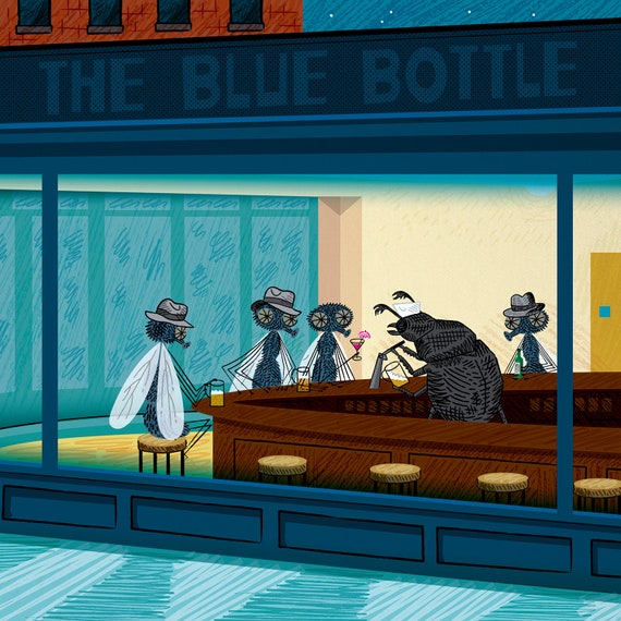 Barflies, art poster print, comic art by Oliver Lake
