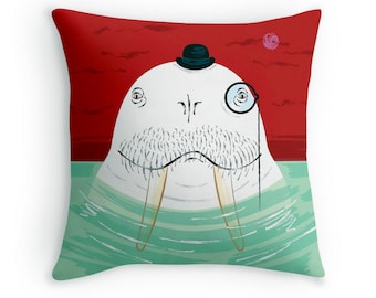Sir Wilfred Wallace The Wonderful Walrus - Children's decorative cushion cover / throw pillow cover - by Oliver Lake iOTA iLLUSTRATiON