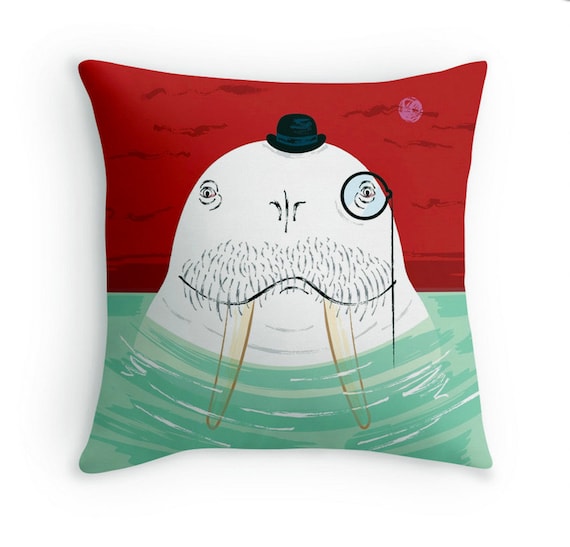 Sir Wilfred Wallace The Wonderful Walrus - Children's decorative cushion cover / throw pillow cover - by Oliver Lake iOTA iLLUSTRATiON