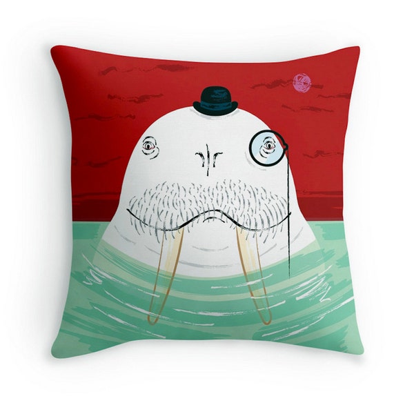 Sir Wilfred Wallace The Wonderful Walrus - Housse de coussin décorative pour enfants / housse d’oreiller jetante - par Oliver Lake iOTA iLLUSTRATiON