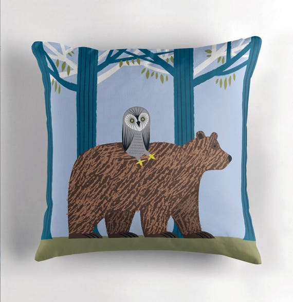 The Owl and The Bear - Children's Throw Pillow / Cushion Cover by Oliver Lake / iOTA iLLUSTRATION