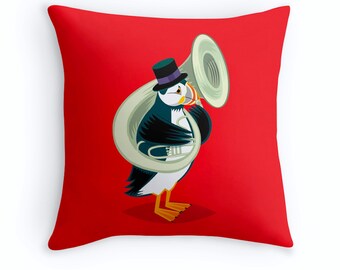 Puffin On A Tuba - Children's room - Nursery Decor Cushion Cover - Throw Pillow Cover 16" x 16" by Oliver Lake