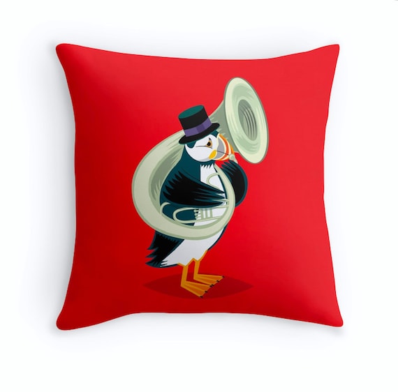 Puffin On A Tuba - Children's room - Nursery Decor Cushion Cover - Throw Pillow Cover 16" x 16" by Oliver Lake