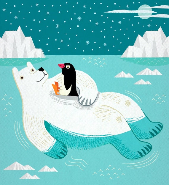 Hitching A Ride - Polar Bear - Penguin - Animal Art - Children's art - Children's Decor - Art Poster Print by Oliver Lake