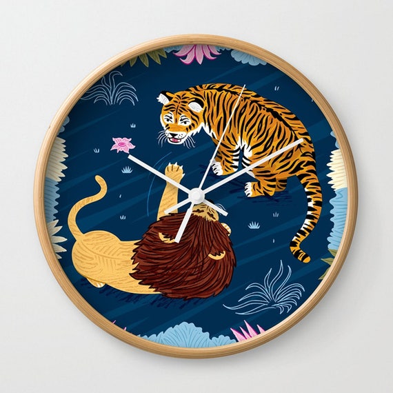 Rumble In The Jungle - Tiger and Lion - illustrated wall clock - by Oliver Lake - iOTA iLLUSTRATiON