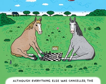 Horse Chess - absurd art, single panel comic - limited edition art print by Oliver Lake - iOTA iLLUSTRATION