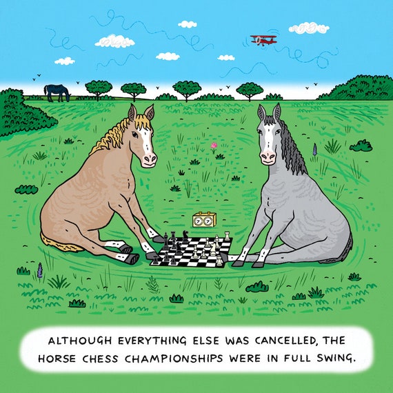 Horse Chess - absurd art, single panel comic - limited edition art print by Oliver Lake - iOTA iLLUSTRATION