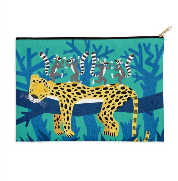 The Leopard and The Lemurs - pencil case - make up bag - zip pouch - 12.5" x 8.5"