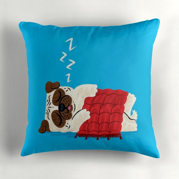 Pug In A Rug - cyan - pugs / dogs - Throw Pillow / Cushion Cover (16" x 16") by Oliver Lake