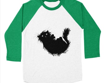 Moggy (No.3) - Long Sleeve Baseball T-Shirt -  green / grey / blue  - Men's / Women's T-shirt / Tee by Oliver Lake iOTA iLLUSTRATiON