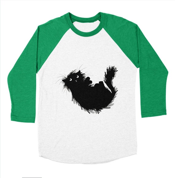 Moggy (No.3) - Long Sleeve Baseball T-Shirt - green / grey / blue - Men's / Women's T-shirt / Tee by Oliver Lake iOTA iLLUSTRATiON