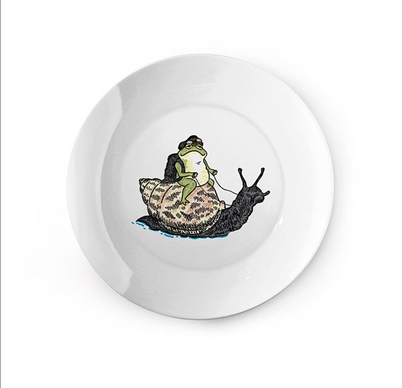 The Snail and The Frog,  china plate, animal design by Oliver Lake