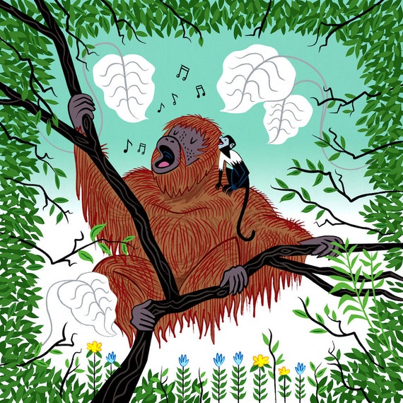 Simian Songs - orangutan and monkey - animal art print by Oliver Lake