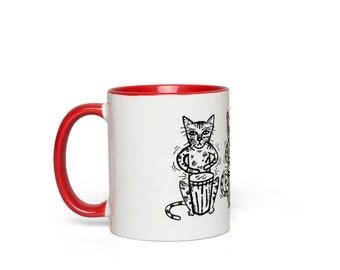 Bengali Bongos, Cat Mug,  red handle Mug, red accent mug by Oliver Lake