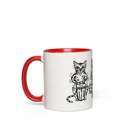 Bengali Bongos, Cat Mug,  red handle Mug, red accent mug by Oliver Lake