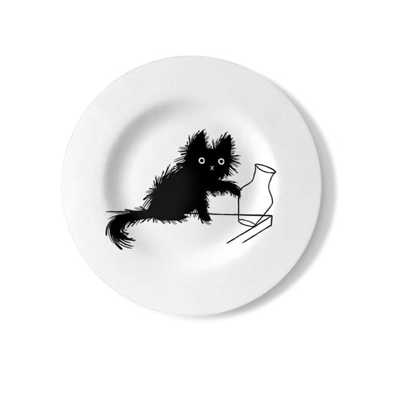 Moggy (No.5), cat plate, decorative wall plate, handmade, black and white plate, by Oliver Lake