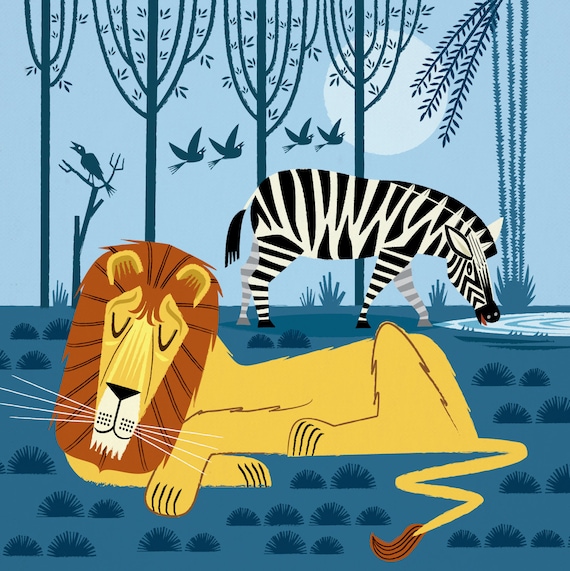 Whilst The Lion Sleeps - childrens - nursery room decor - Limited Edition - Animal Poster Art Print  by Oliver Lake iOTA iLLUSTRATiON