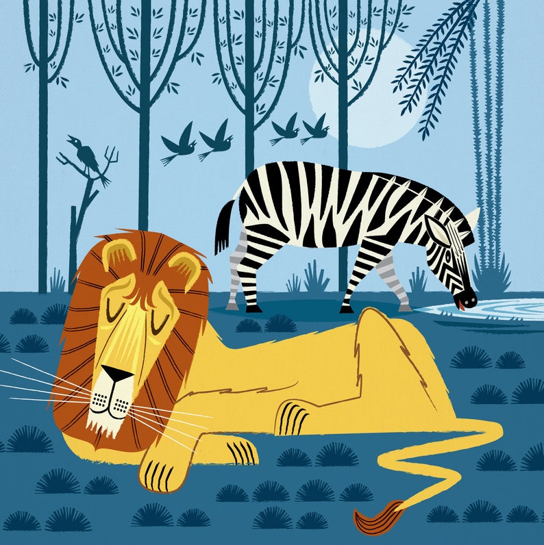 Whilst The Lion Sleeps childrens nursery room decor Limited Edition Animal Poster Art Print by Oliver Lake iOTA iLLUSTRATiON image 1