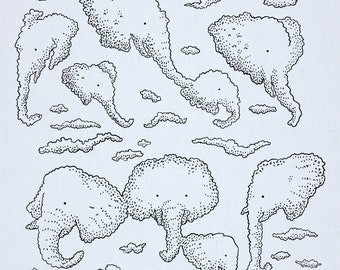 Elephant Clouds, Animal art, wall art, children's art print by Oliver Lake