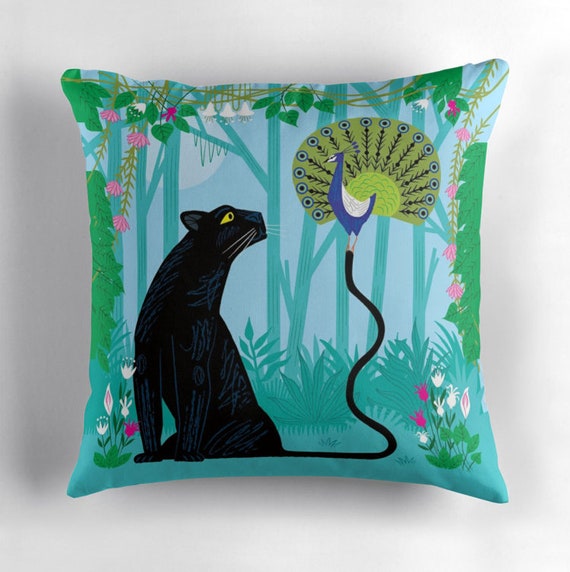 The Peacock and The Panther, throw pillow cover, children's nursery decor by Oliver Lake