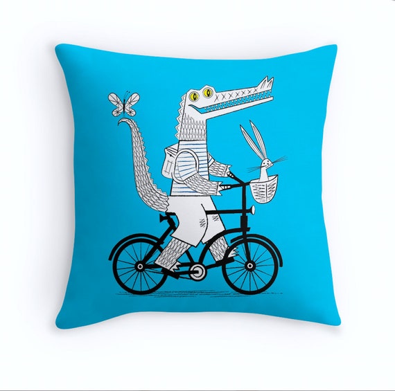 The Crococycle - children's decor -  illustrated Cushion Cover / Throw Pillow Cover (16" x 16") by Oliver Lake