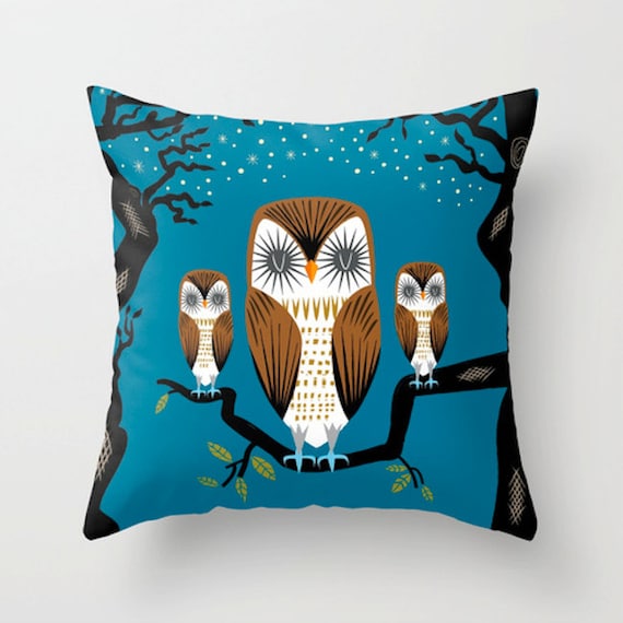 Three Lazy Owls, Throw Pillow, Cushion Cover (16" x 16") by Oliver Lake
