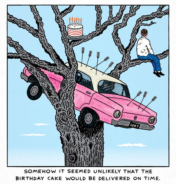 Cake Delivery, funny comic, single panel comic art, limited edition print by Oliver Lake