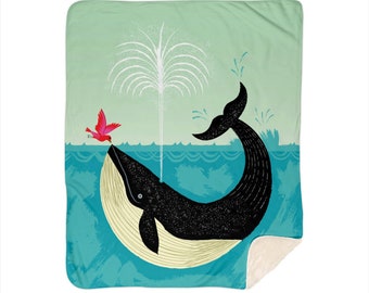 The Bird and The Whale - children's sherpa blanket - nursery decor - 50"x 60" and 60" x 80"  by Oliver Lake iOTA iLLUSTRATiON