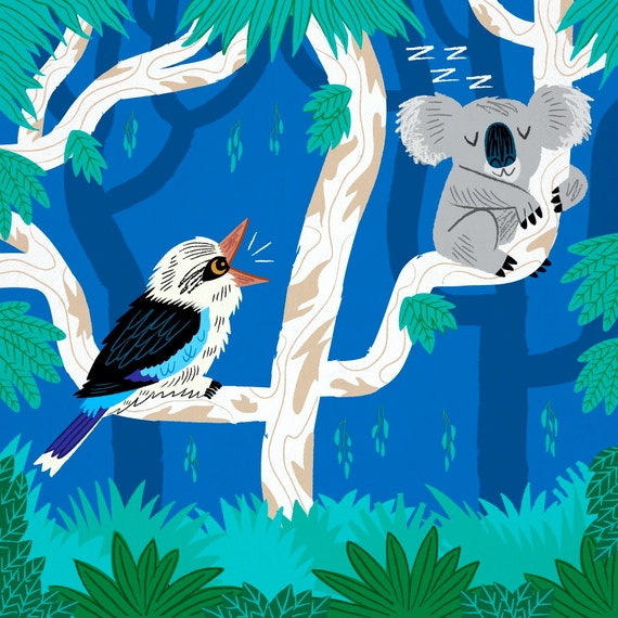 The Koala and the Kookaburra, children's wall art print, animal art, children's room decor by Oliver Lake