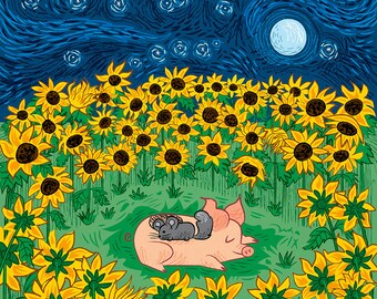 Among the Sunflowers, Animal Art Poster Print by Oliver Lake