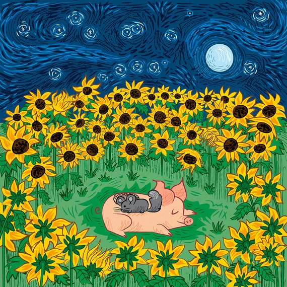 Among the Sunflowers, Animal Art Poster Print by Oliver Lake