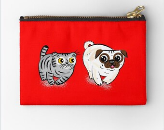 Pug and Cat, zipper pouch,  coin purse,  pencil case, make up bag,  6" x 4"  / 9.5" x 6" / 12.4" x 8.5" Oliver Lake