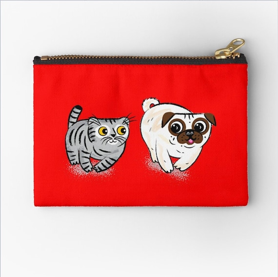 Pug and Cat, zipper pouch,  coin purse,  pencil case, make up bag,  6" x 4"  / 9.5" x 6" / 12.4" x 8.5" Oliver Lake