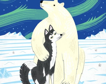 The Polar Bear and The Husky - Children's Animal Art - Nursery Art - Nursery Decor - Limited Edition Art Poster Print