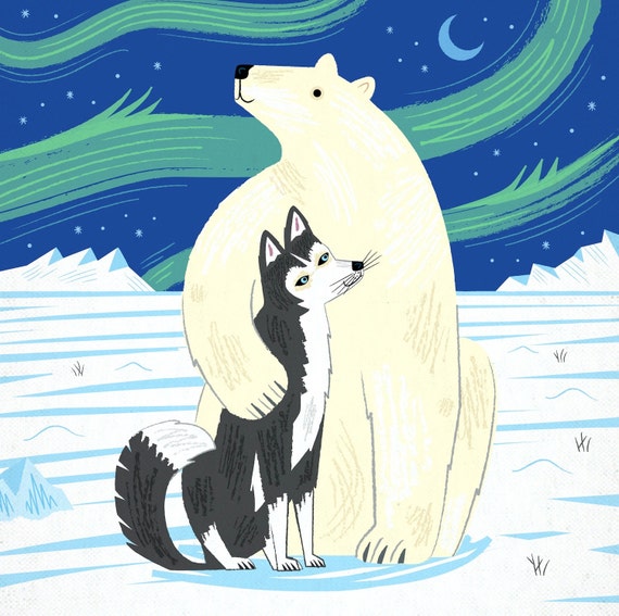 The Polar Bear and The Husky - Children's Animal Art - Nursery Art - Nursery Decor - Limited Edition Art Poster Print