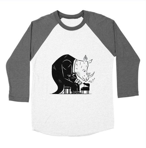 Rhinoceros Rhapsody - Long Sleeve Baseball T-Shirt - grey / green / blue - Men's / Women's T-shirt / Tee by Oliver Lake iOTA iLLUSTRATiON