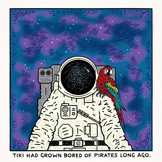 Tiki and the Astronaut, absurd art, Astronaut and Parrot, funny single panel comic art, poster print by Oliver Lake