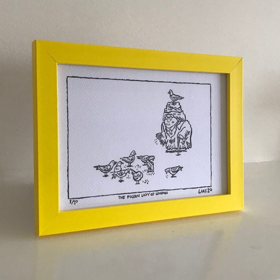 The Pigeon Lady of London, original Drawing, comic, funny drawing, framed drawing, yellow frame, 1 of 10 by Oliver Lake, Christmas Gift