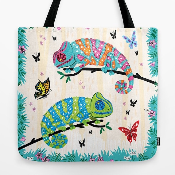 Seeing Spots - Childrens Tote Bag - Book Bag -  Record bag - Chameleons and Butterflies - animal /nature / wildlife - art bag - 18" x 18"
