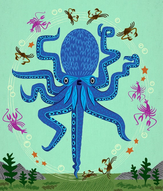 Otto Learns How to Juggle - Children's Octopus Animal Art - Limited Edition Print - by Oliver Lake - iOTA iLLUSTRATION