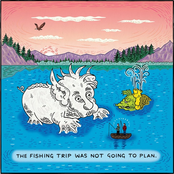 Gone Fishing - absurd art, single panel comic - limited edition art print by Oliver Lake - iOTA iLLUSTRATION