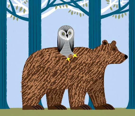 The Owl and The Bear - Animal Art - owls / bears - Children's Art Poster Print by Oliver Lake - iOTA iLLUSTRATION