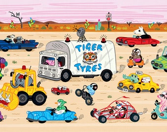 Desert Drive -  Children's Animal Art - Poster Print by Oliver Lake - iOTA iLLUSTRATiON