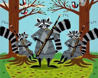 Raccoons Playing Bassoons - Raccoon / Music - Children's Animal Art Print by Oliver Lake - iOTA iLLUSTRATION