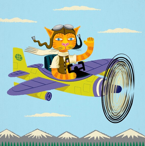 iOTA iLLUSTRATION - Tibbles Learns To Fly - Cat / Aeroplane - Light Blue - Animal Art Poster by Oliver Lake - iOTA iLLUSTRATiON