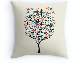 Out On a Lark - illustrated Birds / Tree - Throw Pillow Cover / Cushion Cover (16" x 16") by Oliver Lake