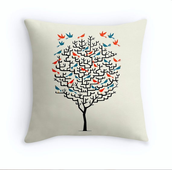 Out On a Lark - illustrated Birds / Tree - Throw Pillow Cover / Cushion Cover (16" x 16") by Oliver Lake