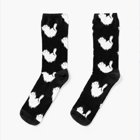 Moggy Socks - Cat Socks - Kitten socks - White On Black Unisex Socks - Illustrated Socks - Stylish Socks By Oliver Lake Iota Illustration